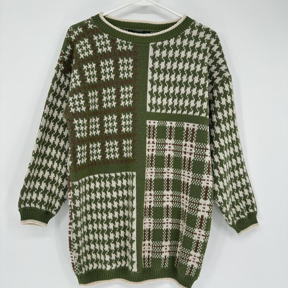 VINTAGE Dana Scott Sweater Womens Small Green Brown Patchwork Knit Made USA 90s